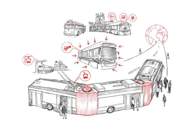Von einem modularen Baukastensystem bis zum weltweit ersten Doppelgelenktrolley: Die Carosserie HESS überzeugt immer wieder mit Innovationen. Illustration: Oculus
