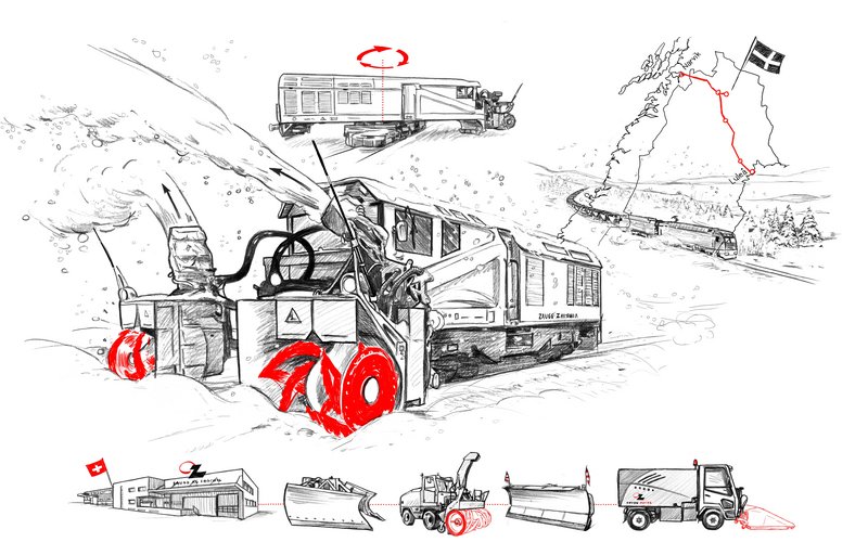 Die Schneefrässchleuder-Lokomotive von Zaugg kann bis zu 7500 Tonnen Schnee pro Stunde wegräumen. Illustration: Oculus